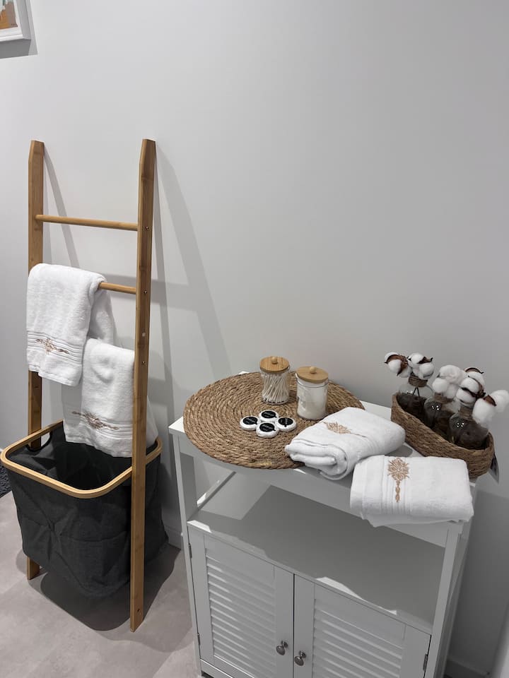 Case de Léo-Paul Suite & SPA salle de bain porte serviettes et cabinet